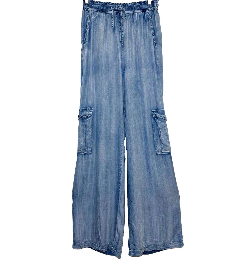 Impressions Chambray Lyocell Wide Leg Cargo Pants Drawstring Blue Women’s S